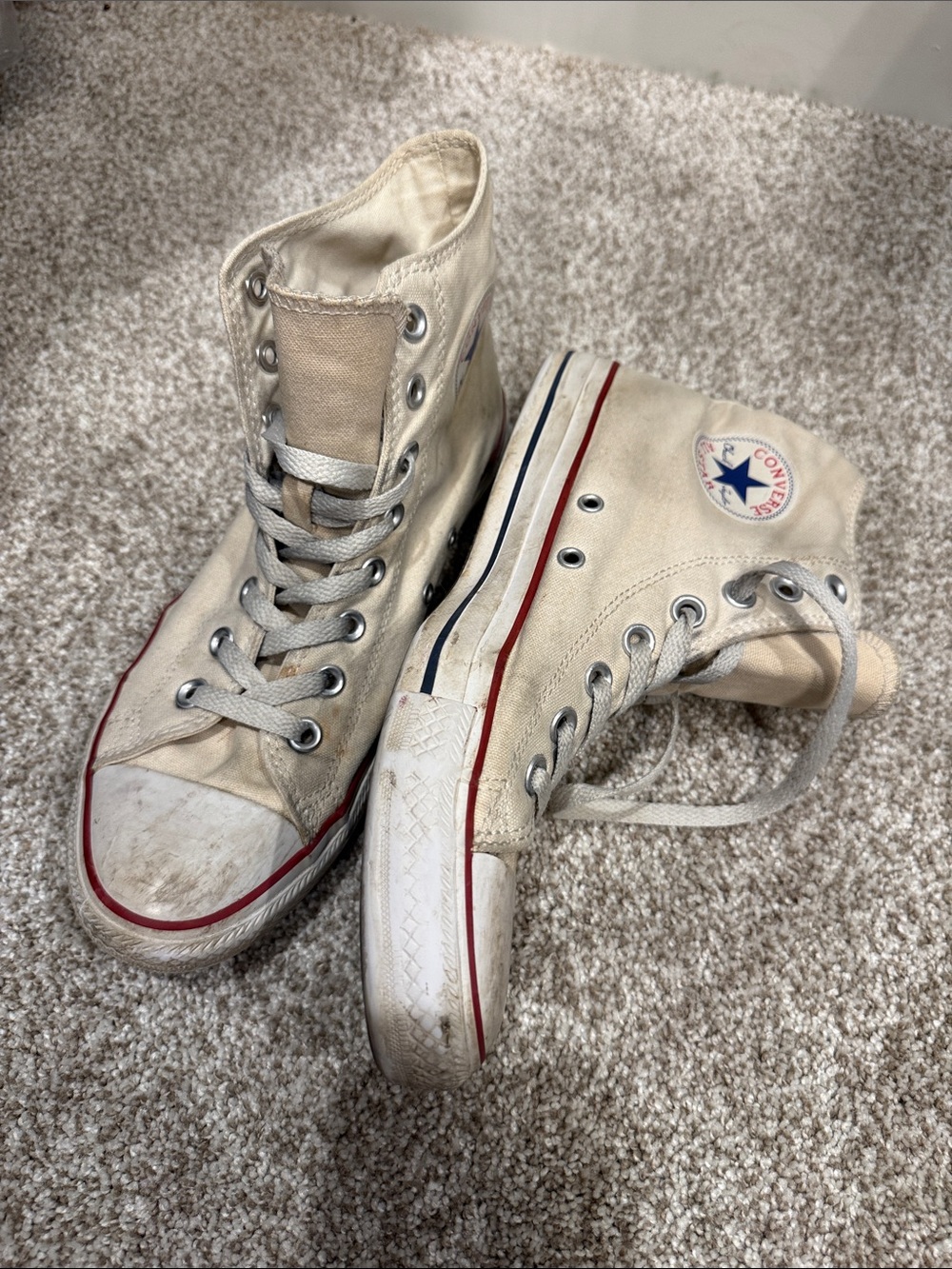Converse White High-Top Sneakers with Red & Blue Trim